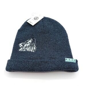 Neff Peek A Boo Beanie Mens One Size Navy Denim Wolf Embroidery Winter Hat NEW